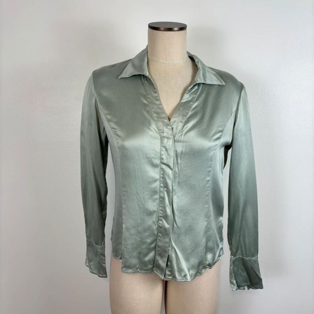 Vintage Lafayette 148 New York Sage Green Satin Blouse 6 Y2K Silk Blend Top